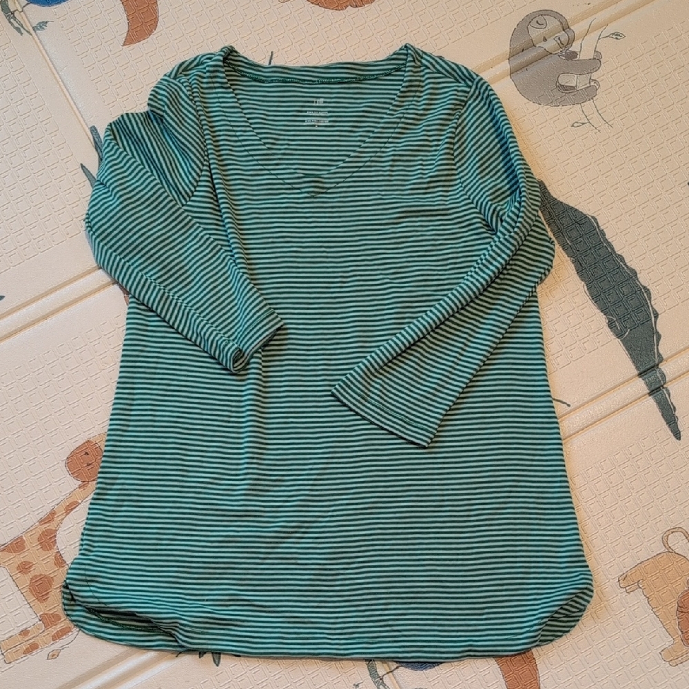 J. Jill Teal Green Striped 3/4 Length V-Neck Tee
